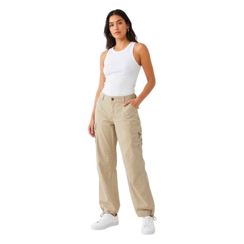 VTG Y2K Daisy Fuentes Khaki Mid Rise Wide Leg Parachute Utility Cargo Pants 8